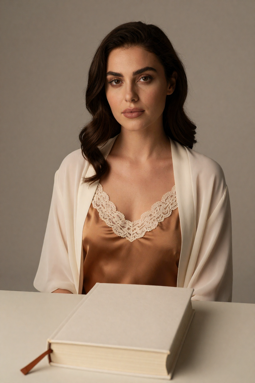 Fictional 29-year-old woman, dark brown hair in long polished waves over one shoulder, smooth olive skin,