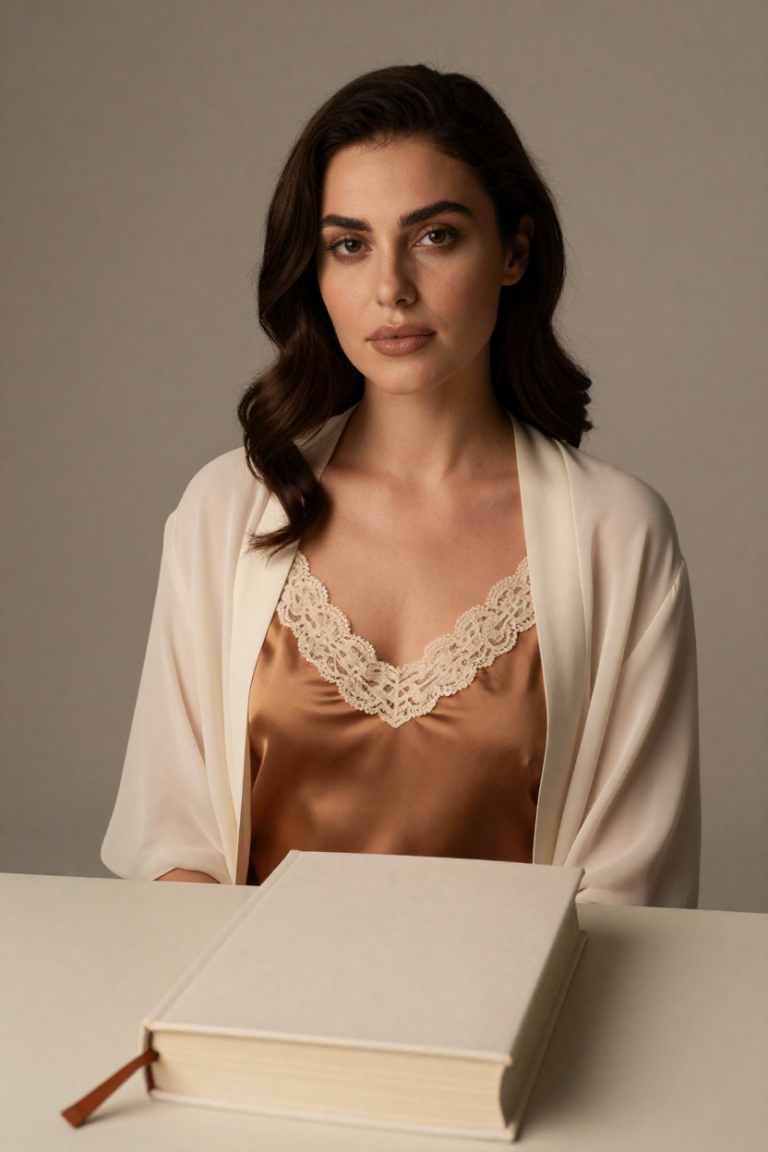 UltraBioLinks muse in caramel silk slip dress seated at a desk with a closed plain manuscript codex